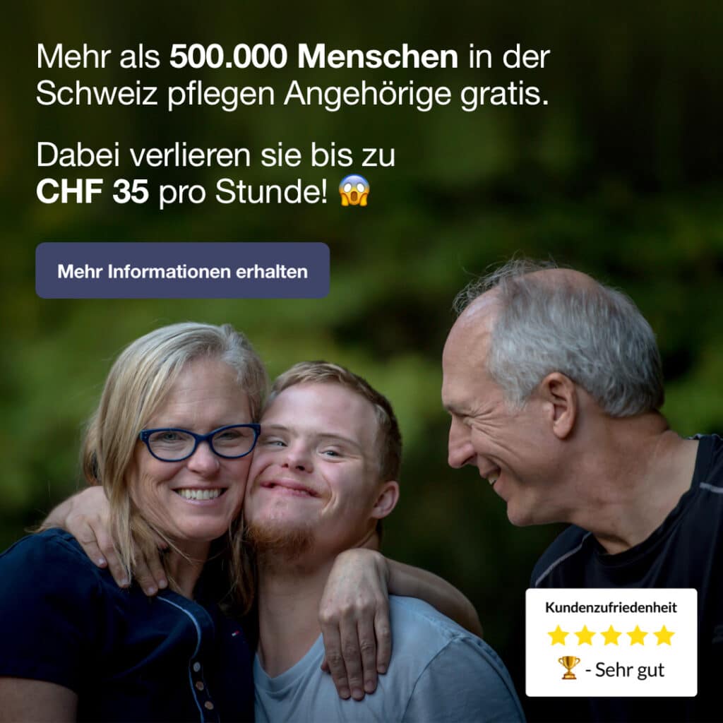 Ehepaar mit behindertem Sohn. Alle lachen glücklich in die Kamera, weil sie durch die Spitex Geld für Ihre Pflege erhalten.