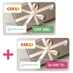 Gutschein Übersicht Gewinnspiel, CHF 500 Coop Gutschein als Gewinn, CHF 75 Coop Gutschein bei erfolgreicher Anstellung.
